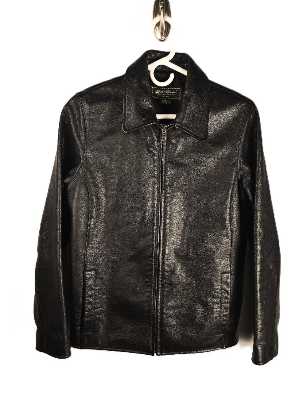 Eddie Bauer Womens Leather Jacket Size Small Black Long Sleeve Pockets Zipper